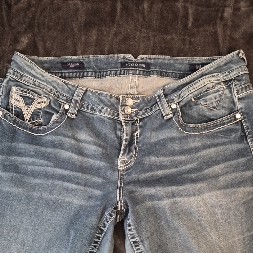 Vigoss Women's Boot Cut Jeans in Blue with Embellished Pockets - Picture 3 of 4